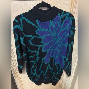 Distinctly Different Floral Sweater Sz‎ 20W 80-90s Black Green Purple Shimmer